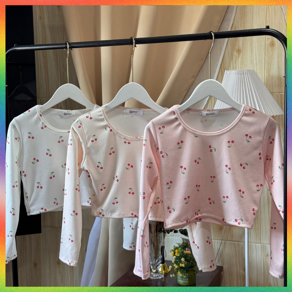 MesubShop เสื้อครอปแขนยาว สกรีนลายเชอร์รี่เต็มตัว ผ้าร่องญี่ปุ่นบืด ผ้ายืดเยอะ ใส่กนัแดดกันหนาว รุ่น เชอร์รี่ยอง