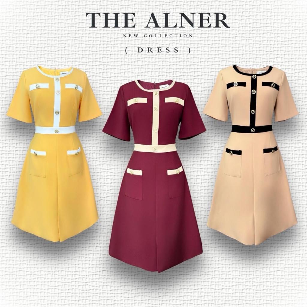 AN678 เดรสแขนสั้นแต่งแถบกระดุมหน้า4เม็ด The Alner Women Clothing เสื้อผ้า Dress ผู้หญิง