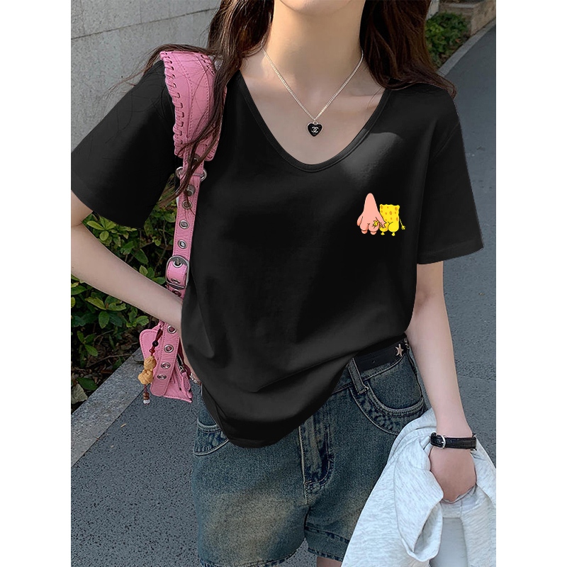 ยี่สิบสี่รุ่นใหม่หลวมดูผอมจังลายนิ้วมือน่ารักเสื้อยืดแขนสั้นเสื้อผู้หญิงเสื้อคอวี