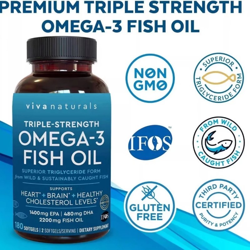 Viva Naturals Triple Strength Omega 3 Fish Oil Supplement 2500 mg Fish Oil with Re-Esterified 180 Softgels Exp.10/2027