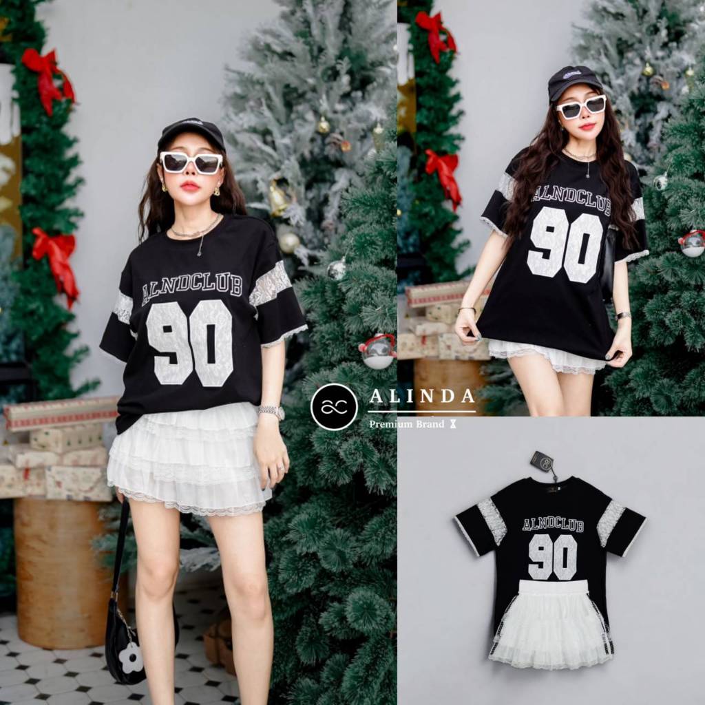 ALINDA SETเสื้อเป็นเสื้อยืดคอกลมทรงโอเวอร์ไซส์สีดำ(*สอบถามสต๊อกก่อนกดสั่งน๊า)