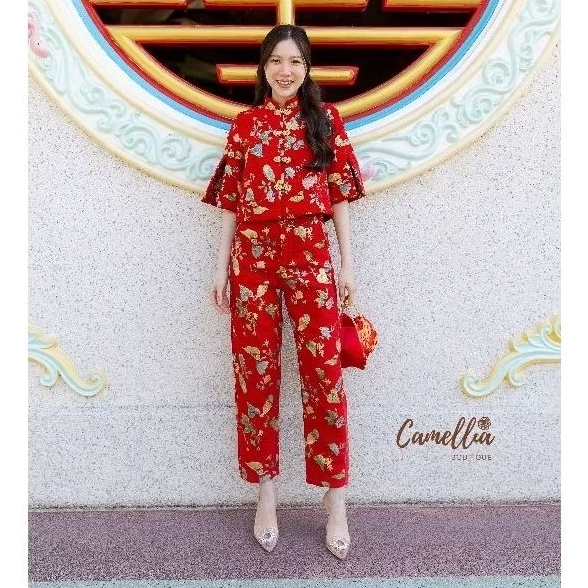 [โค้ด Shopee Video]Camellia S-2XL เสื้อคอจีนผ่าแขน + กางเกงผ้าทอ ชุดตรุษจีน