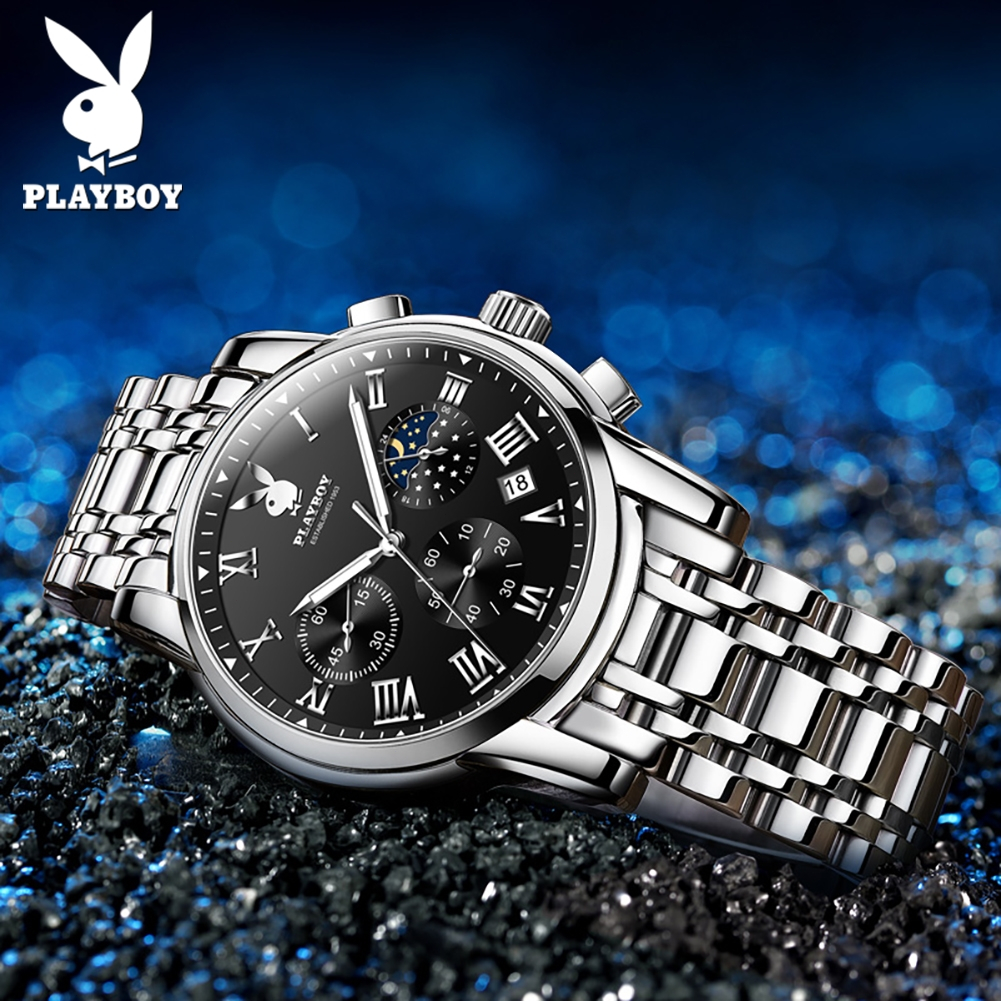 PLAYBOY （ขายแฟลช） สปอตสินค้า นาฬิกาผู้ชาย กันน้ำ ธุรกิจ พร้อมกล่อง ดูเวลา ดูวันที่ เรืองแสง สายสเตนเลส รับประกัน 3 ป