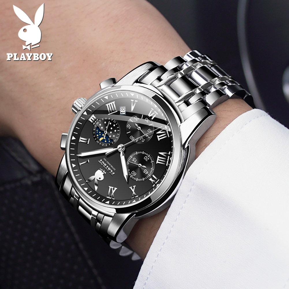 PLAYBOY （ขายแฟลช） สปอตสินค้า นาฬิกาผู้ชาย กันน้ำ ธุรกิจ พร้อมกล่อง ดูเวลา ดูวันที่ เรืองแสง สายสเตนเลส รับประกัน 3 ป