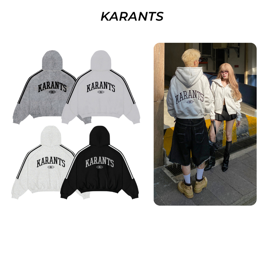Karants แบรนด์นานาชาติ เสื้อฮู้ดดี้ซิปปัก ตกแต่งลายทาง ซิป 2 ทาง Streetwear - AK11