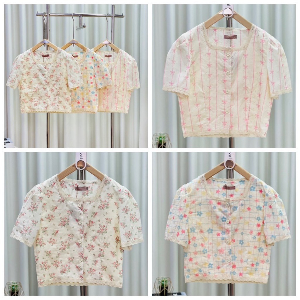 ป้าย HEAHA เสื้อคอเหลี่ยมผ้าคอตตอนปักฉลุลายทั้งตัว อก 38 นิ้ว ยาว 19 นิ้ว