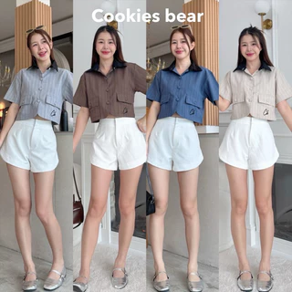 🌟Mamildya.shop🌟 เสื้อเชิ้ตแขนสั้น ผ้าเนื้อหนา สโนว์ลายริ้ว ตัดปกสีดำ/ H2-4/COOK-ปกดำสั้น