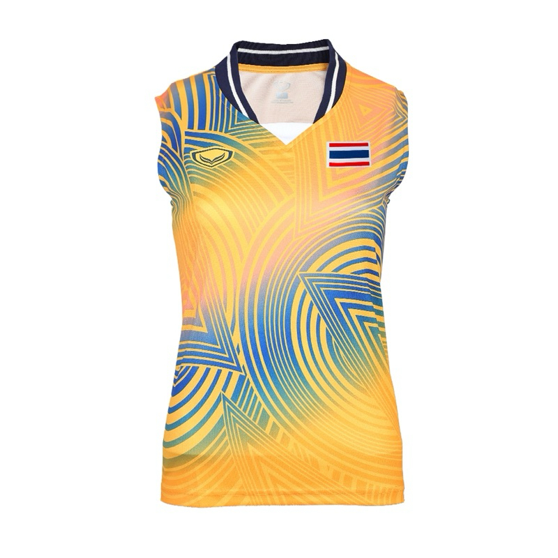 รหัส 072089 เสื้อแข่งขันคอวีหญิงแขนกุด พิมพ์ลายแกรนด์สปอร์ต โอลิมปิก 2024