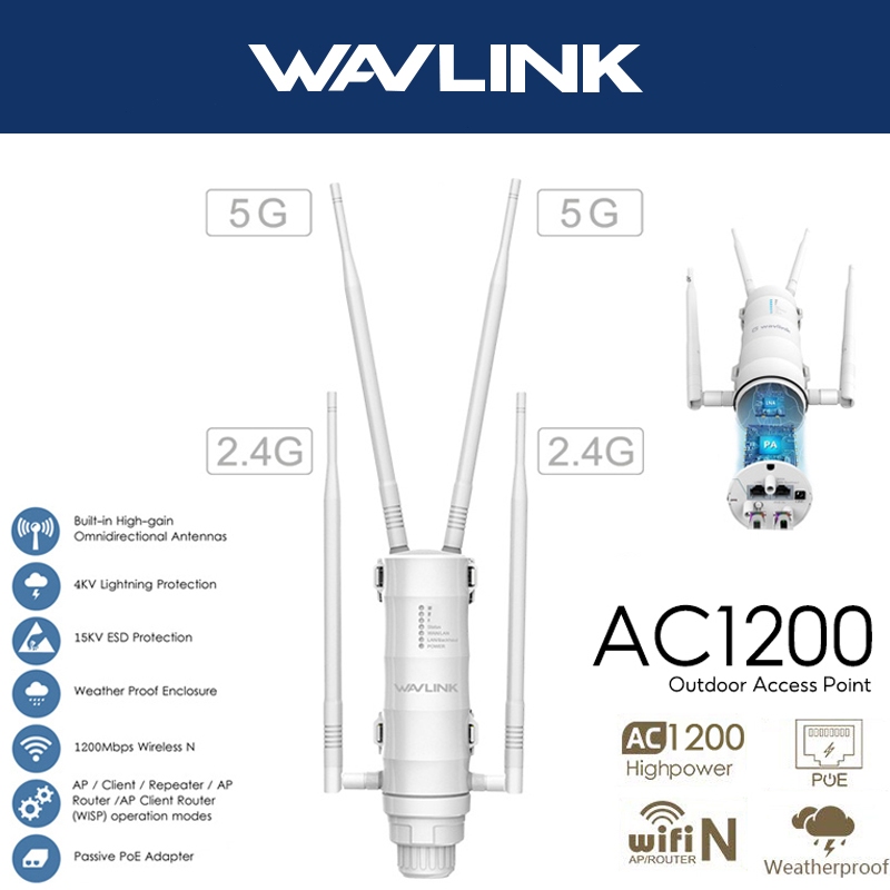 WAVLINK AC1200 เราเตอร์กลางแจ้งกันน้ำ WiFi Extender Wireless Access Point ตัวแทนตาข่ายพร้อม Passive 
