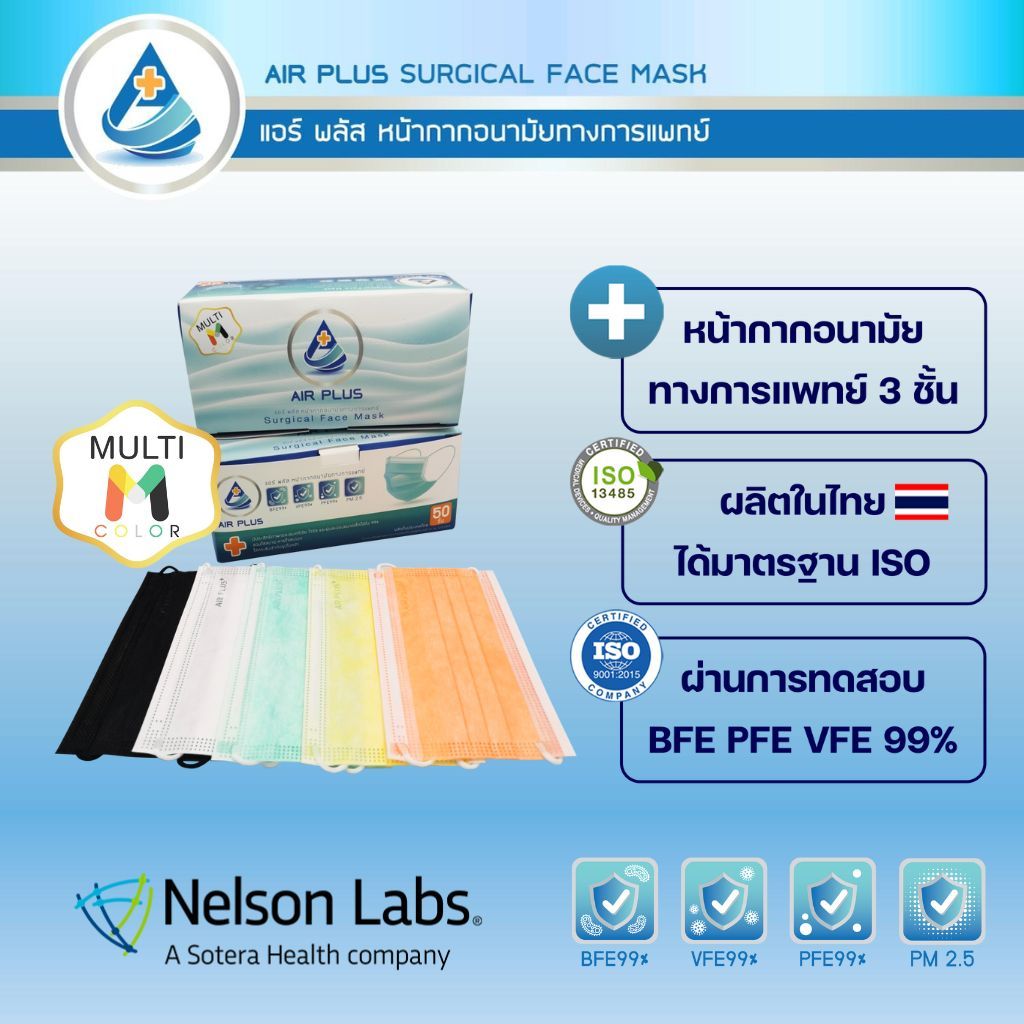 Air Plus Mask มัลติM คละ 5สีใน 1กล่อง ผลิตในไทย มีอย.VFE BFE PFE 99% หน้ากากอนามัยทางการแพทย์ 3ชั้น