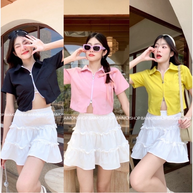 aimorn_shop เสื้อเชิ้ต แขนสั้น ดีเทลแต่งซิป ผ้าใส่สบาย แมทช์กับกระโปรงน่ารักมากก