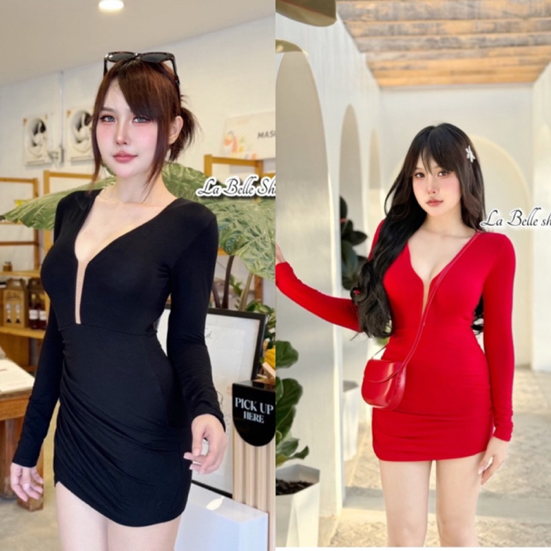 💕ShopBypuy💕เดรสเรย่อนแขนยาวเซ็กซี่ๆ🔥ช่วงร่องอกเป็นซีทรู