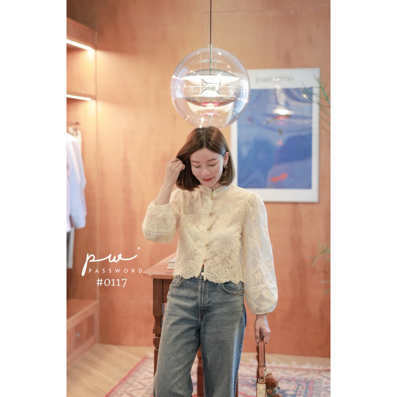 TF471 : เสื้อกระดุมจีน เนื้อผ้าคอตตอนผสมออแกนซ่าปักลาย