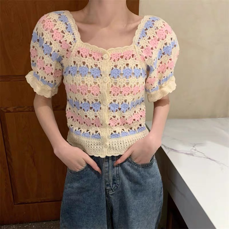 เสื้อครอปแขนตุ๊กคอเหลี่ยมถักลายดอกไม้น่ารัก ระบายอากาศได้ดี สำหรับผู้หญิง