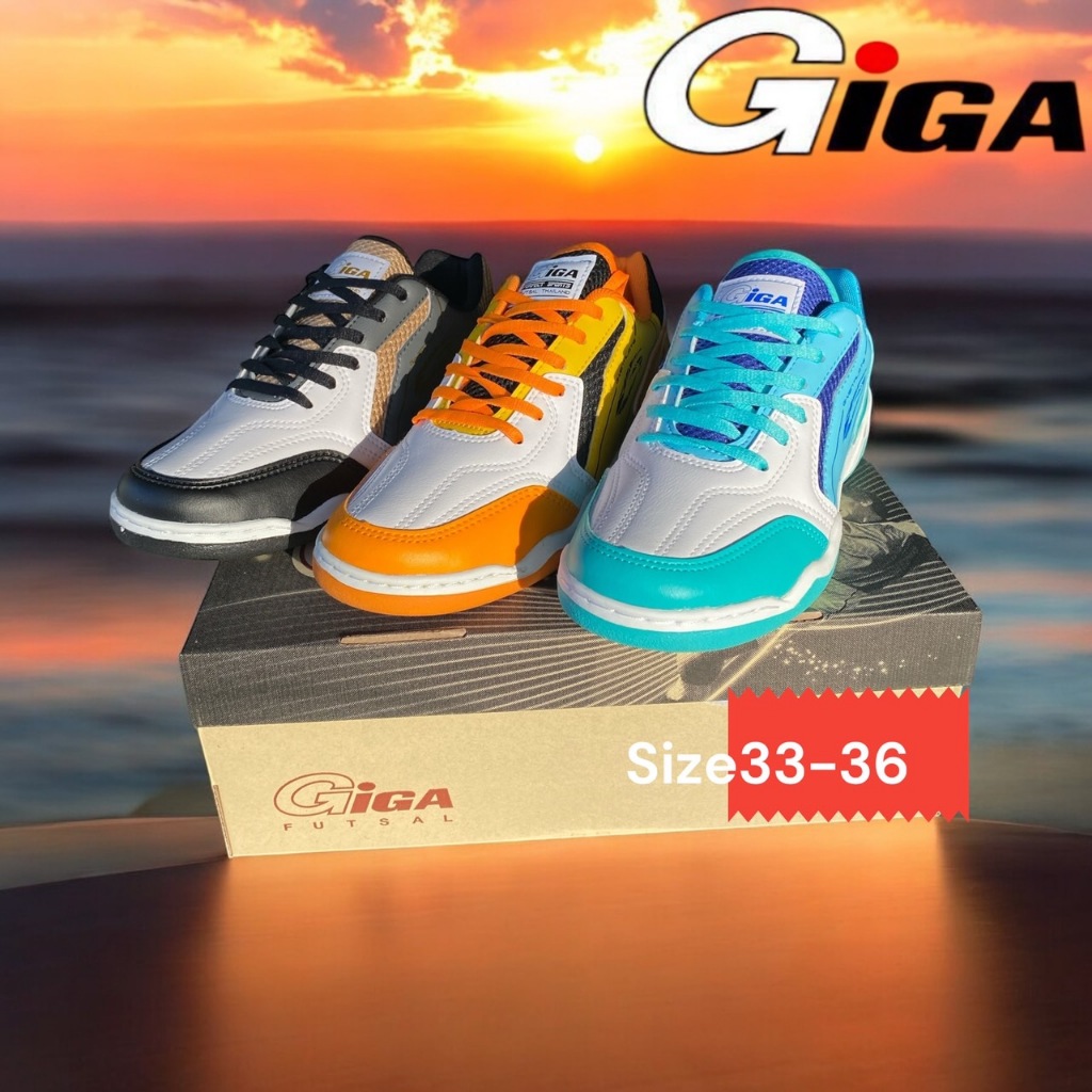 GIGAรองฟุตซอลเด็กรุ่นFG424size33-36สีส้มสีดำและสีเขียวการยึดเกาะของพื้นเหนียวหนึบ