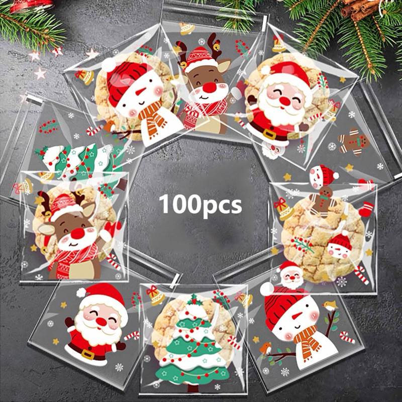 พร้อมส่ง 💯%ในไทย แพค100ใบ ถุงฝากาว10*10+3cm.​ใส่บราวนี่​ คุกกี้​ คริสมาสต์ Chrismas ปีใหม่(7*7+3cmรวมคริสมาสต)
