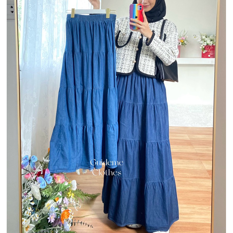 (พรัอมส่ง) กระโปรงยีนส์ยาว ระบาย 4 ชั้น