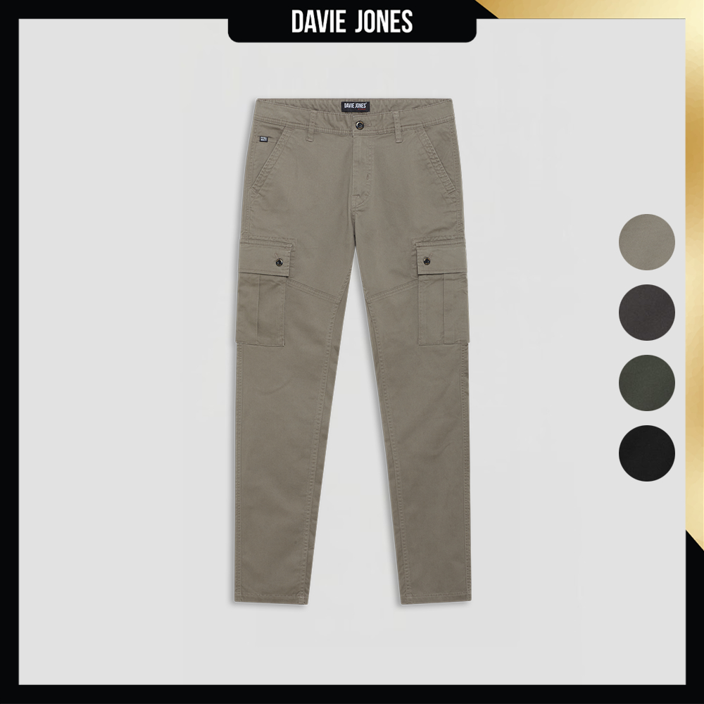DAVIE JONES กางเกงคาร์โก้ Slim Tapered Fit Cargo Pants PL0008 สีกากี เขียว เทา ดำ
