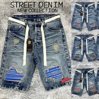 ยีนส์ขาสั้นแต่งขาดหนังสุดเท่ มีหลายสี  New พร้อมแถมเชือกให้ฟ…