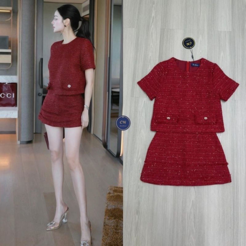 CHANAT Set 2 ชิ้นเนื้อผ้าทอทวิตสีแดงผสมกกริสเตอร์ (สอบถามก่อนสั่ง)