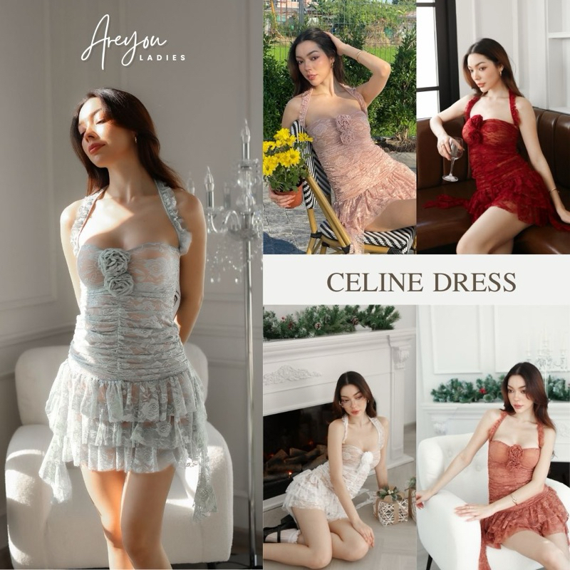 Celine Dress มินิเดรสลูกไม้คล้องคอ งานแต่งย่น ระบายห้อย