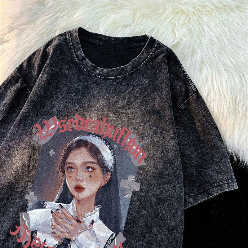 เสื้อยืดฟอกผู้หญิง ผ้าคอตตอน 100% Oversize เสื้อผ้าสาวอวบไซซ์ใหญ่ เสื้อยืดโอเวอร์ไซส์ผู้หญิงแบบเท่ๆ สกรีนลายวินเทจฮิปฮอป