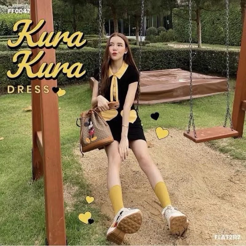 FLAT2112 FF0047 : kura kura dress ✨🖤💛 เดรสน่ารัก