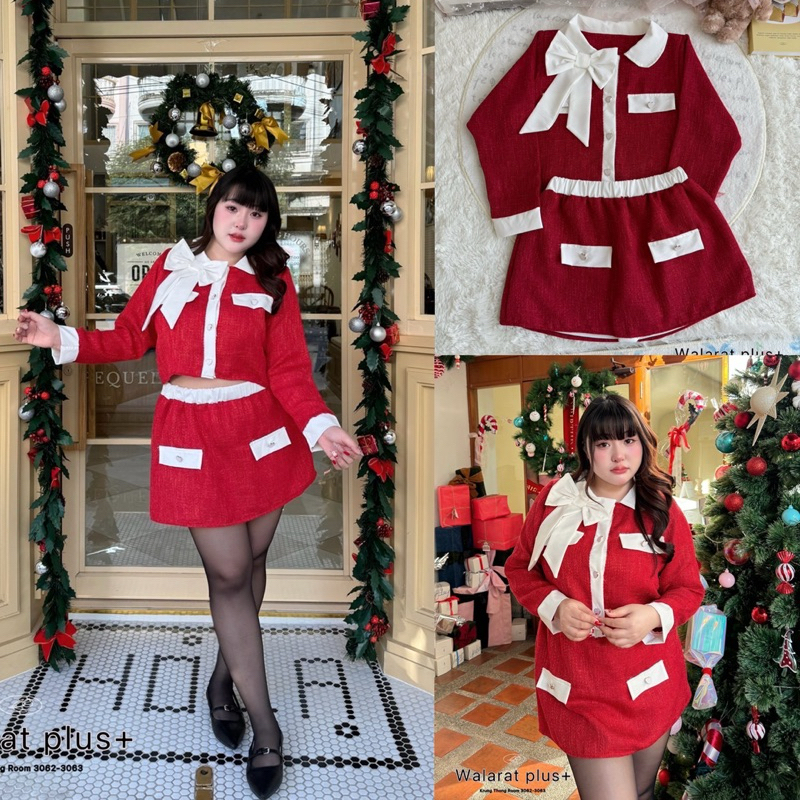 /WP/ เดรสสาวอวบ งานผ้าทอ ติดน้องโบว์ใหญ่ สีแดงเข้าธีมคริสมาสต์ #เสื้อผ้าไซส์ใหญ่ สาวอวบอ้วน พลัสไซส์