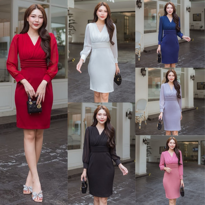 213 เดรสคอวีแขนชีฟองเย็บแต่งจับจีบที่เอวต่อผ้ายืดรียา