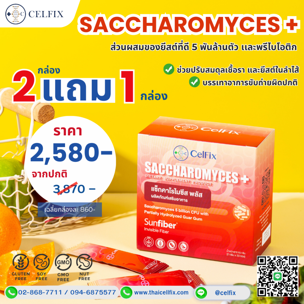 CelFix Saccharomyces plus [กด 3 ชิ้น เพื่อรับโปร 2 แถม 1] ยีสต์มีประโยชน์ ช่วยระบบย่อยอาหารและปรับสมดุลภายในลำไส้