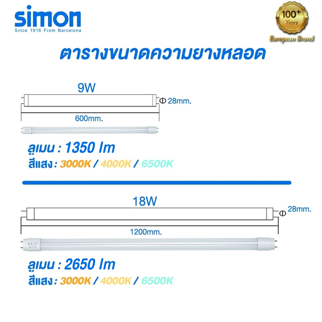 Simon หลอดไฟ LED T8 tube Bulb ชุดรางแอลอีดี หลอดยาว 9W 18W 3000K 4000K 6000K (หลอดเท่านั้น) - รูปที่ 2