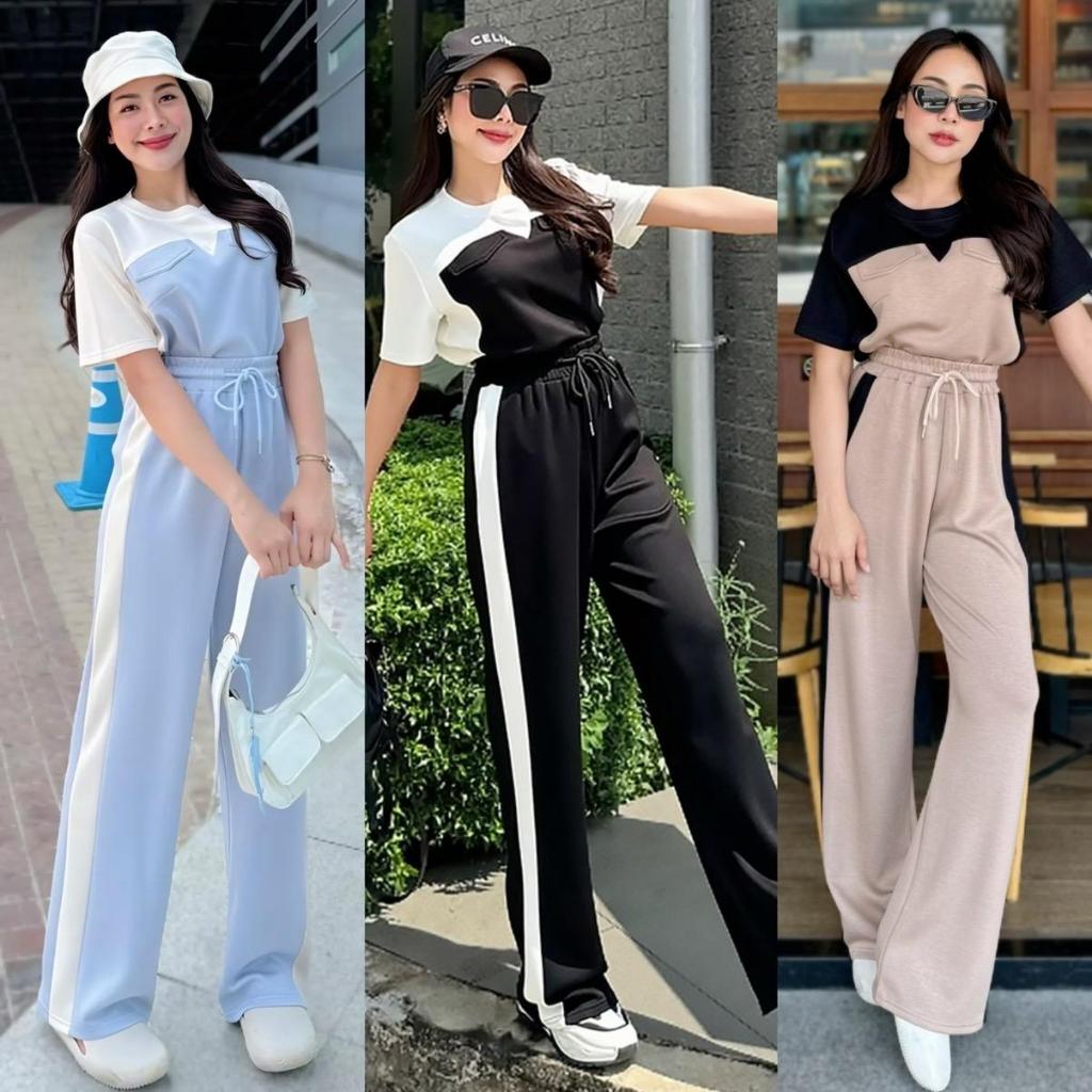 AN574 เซ็ตเสื้อทูโทนแต่งกระเป๋า+กางเกงขายาว The Alner Women Clothing Lady ผู้หญิง