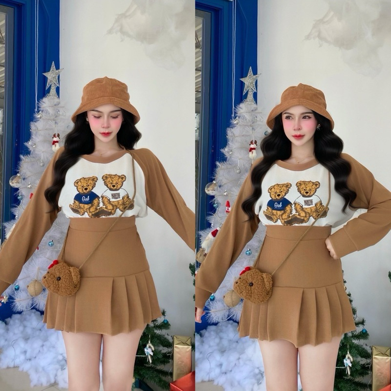 Set 2 ชิ้น ชุดเซตเสื้อแขนยาวลายหมี+กระโปรง น่ารักสุดๆ งานตามหาใน TIKTOK