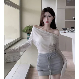 เสื้อครอปฮู้ดสีขาว/สีดำ แขนกระดิ่ง ทรงคอห้อย ไม่มีซับใน ผ้าซีทรู แมทซ์กับเกาะอก ใส่เป็นเสื้อคลุมได้ #087