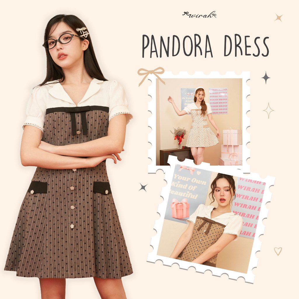 Pandora Dress : DW42 ชุดเดรสผ้าทวิส ดีไซน์ทรงเดรสเกาะอกแต่งสาบและโบว์ผ้าพื้น ด้านบนเสื้อเป็นผ้าทวิส