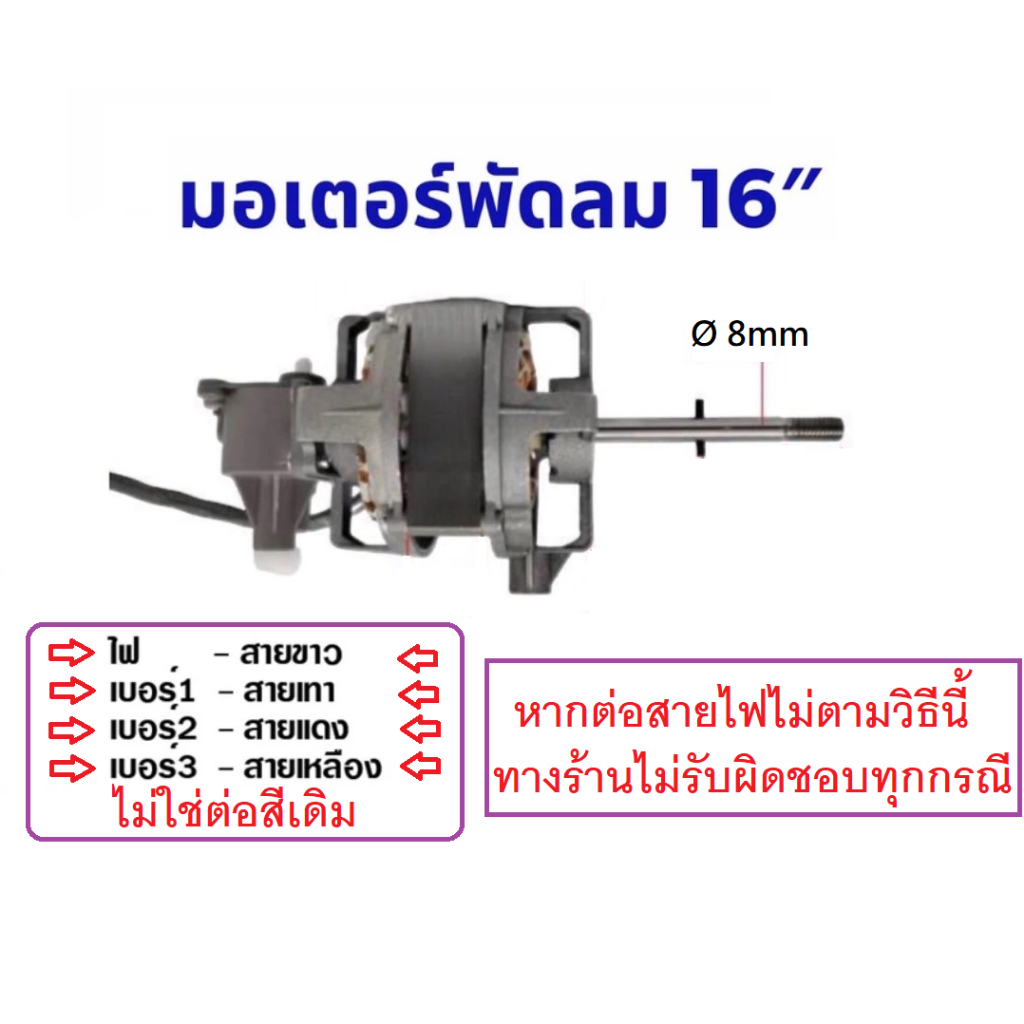 มอเตอร์พัดลม 16 นิ้ว  พร้อม คาปา กระปุกเฟืองส่าย แกน 8mm ติดเทอร์โมฟิวส์ สายไฟ4เส้น อะไหล่พัดลม