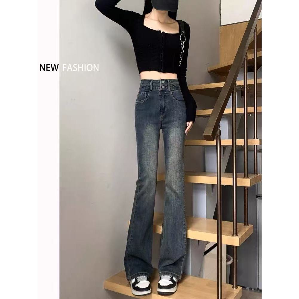 ใครใส่ก็ดูดี~สาวฮอต สีน้ำเงินเข้ม เอวสูง ย้อนยุค กางเกงยีนส์ ผ้ายืด แฟชั่น กางเกงขาบาน กระดุมคู่ - รูปที่ 4