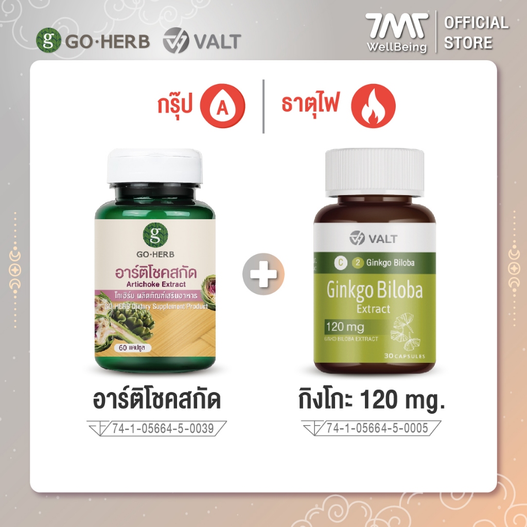 [กรุ๊ปเลือด A + ธาตุไฟ ] ผลิตภัณฑ์เสริมอาหาร โกเฮิร์บ อาร์ติโชคสกัด 60 แคปซูล + สารสกัดใบแปะก๊วย 120 มก. 30 แคปซูล