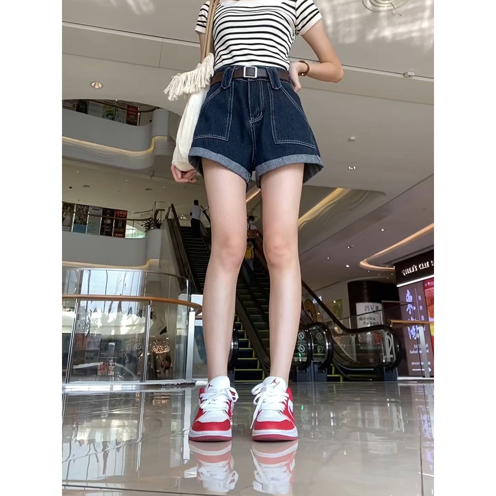 beautified กางเกงยีนส์ขาสั้นเอวสูง สีเข้ม กางเกงสาวอวบขากว้าง สีไม่ตกV102