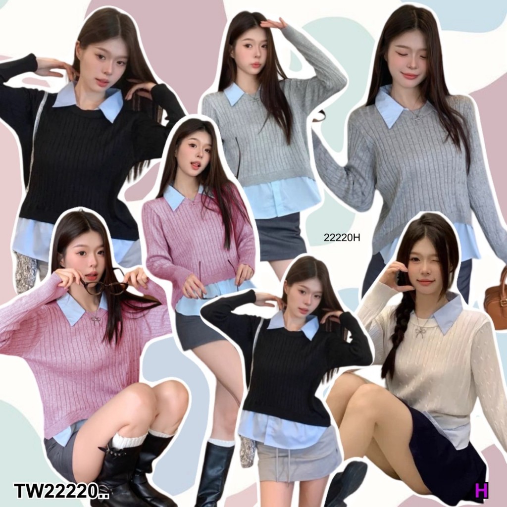 TwinsShopVip💗พร้อมส่ง TW22220  เสื้อแขนยาวไหมพรม แต่งปก ..