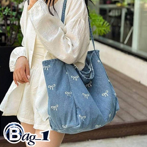 bag_1(BAG2247) กระเป๋าผ้าสะพายไหล่ ยีนส์ลายโบว์-ใบใหญ่ใส่หนังสือได้(ไม่แถมโบว์)