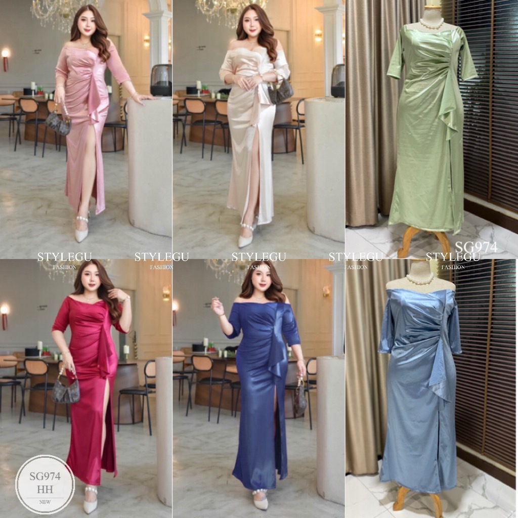 SG974 ชุดราตรีผ้าซาตินยืดหยุ่น ผ้ามีน้ำหนัก เงาสวย ใส่ได้2แบบใส่เปิดไหล่หรือปิดไหล่ได้ แขนสามส่วน ระบายพรางหุ่น #สาวอวบ