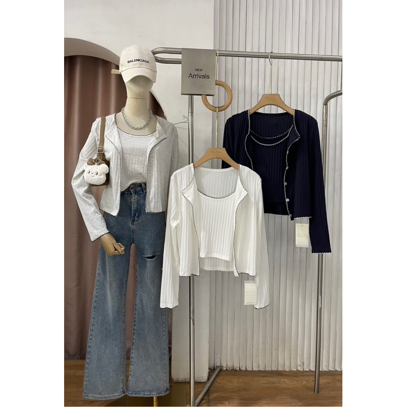 B494เสื้อสายเดี่ยว+เสื้อคลุมดีเทลถักขอบ
