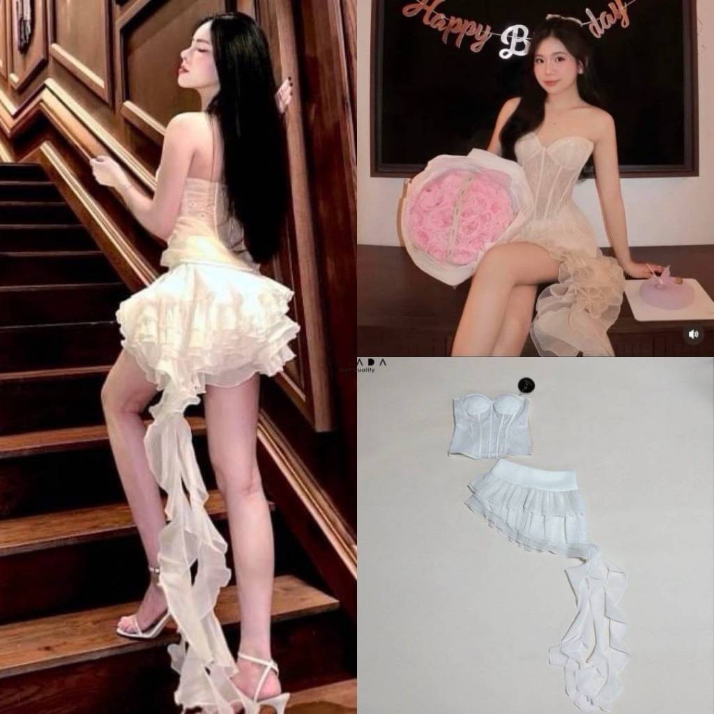 "เช็คสินค้าก่อนสั่งซื้อ สั่งแล้วห้ามยกเลิกน๊าค๊า"LALADA (ลลดา) set 2 ชิ้น สวยหรู เวียดนามเวียดใจเสื้อเกาะอกผ้าลูกไม้ซีท