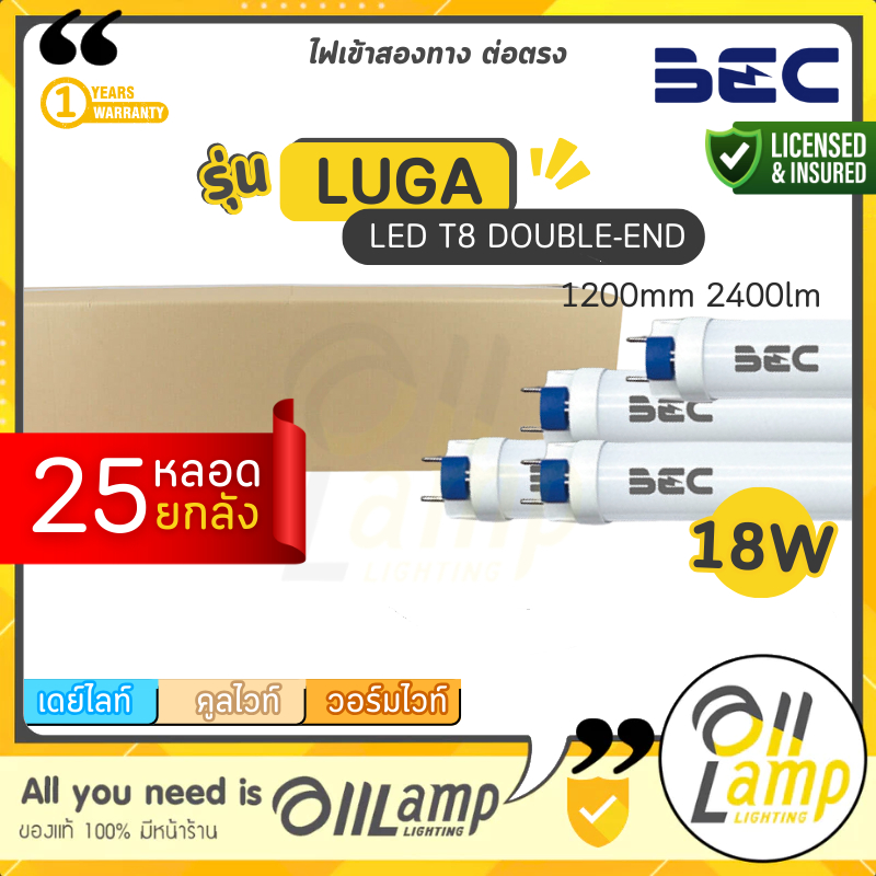 (ลัง25หลอด) BEC หลอดไฟ LED T8 LOUIS และ Luga 18W ขนาด 1200mm. ขั้ว G13 สว่างมาก