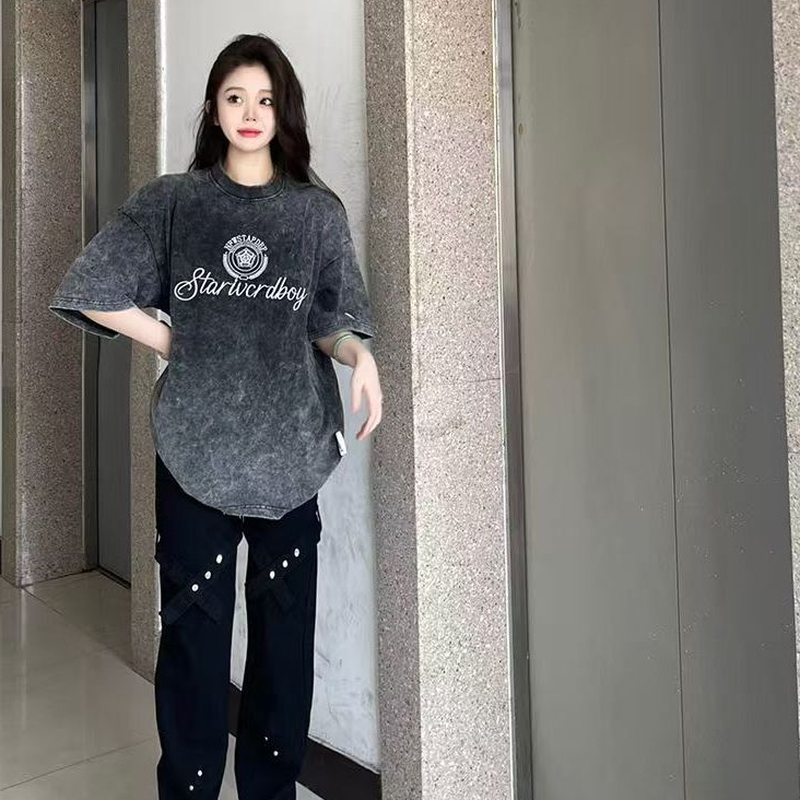 เสื้อยืดผ้าฝ้ายพิมพ์ลายหนา 230 กรัม ผ้าฟอกวินเทจ คอกลม ทรงหลวม