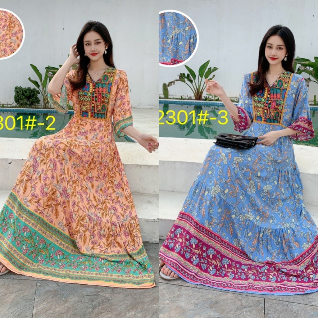 เดรส กระโปรงยาว สตล์โบฮีเมี่ยน ฟรีไซด์อก32-42 ยาว47 นิ้ว อวบอ้วนใส่ได้ ผ้าสปัน มียางยืดเชือกผูกปรับขนาดได้  ส่งจากไทย