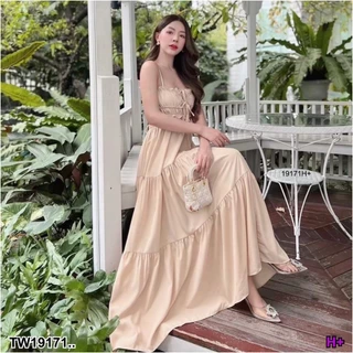 TW19171 เดรสสายเดี่ยว กระโปรงยาวบานระบาย ..