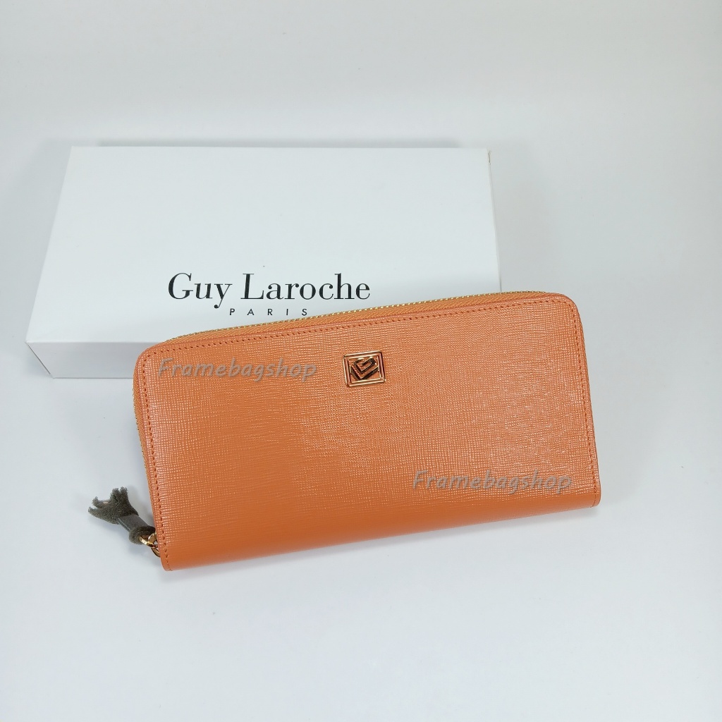 Guy Laroche กระเป๋าสตางค์ผู้หญิงใบยาว ซิปรอบ สีส้ม หนังลาย อะไหล่สีทอง หนังแท้