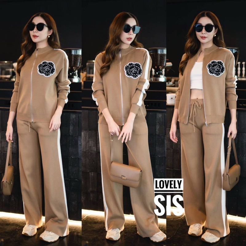 Knit Zip Floral Pearl Rim Long Sleeve Jacket&Long Pant Set